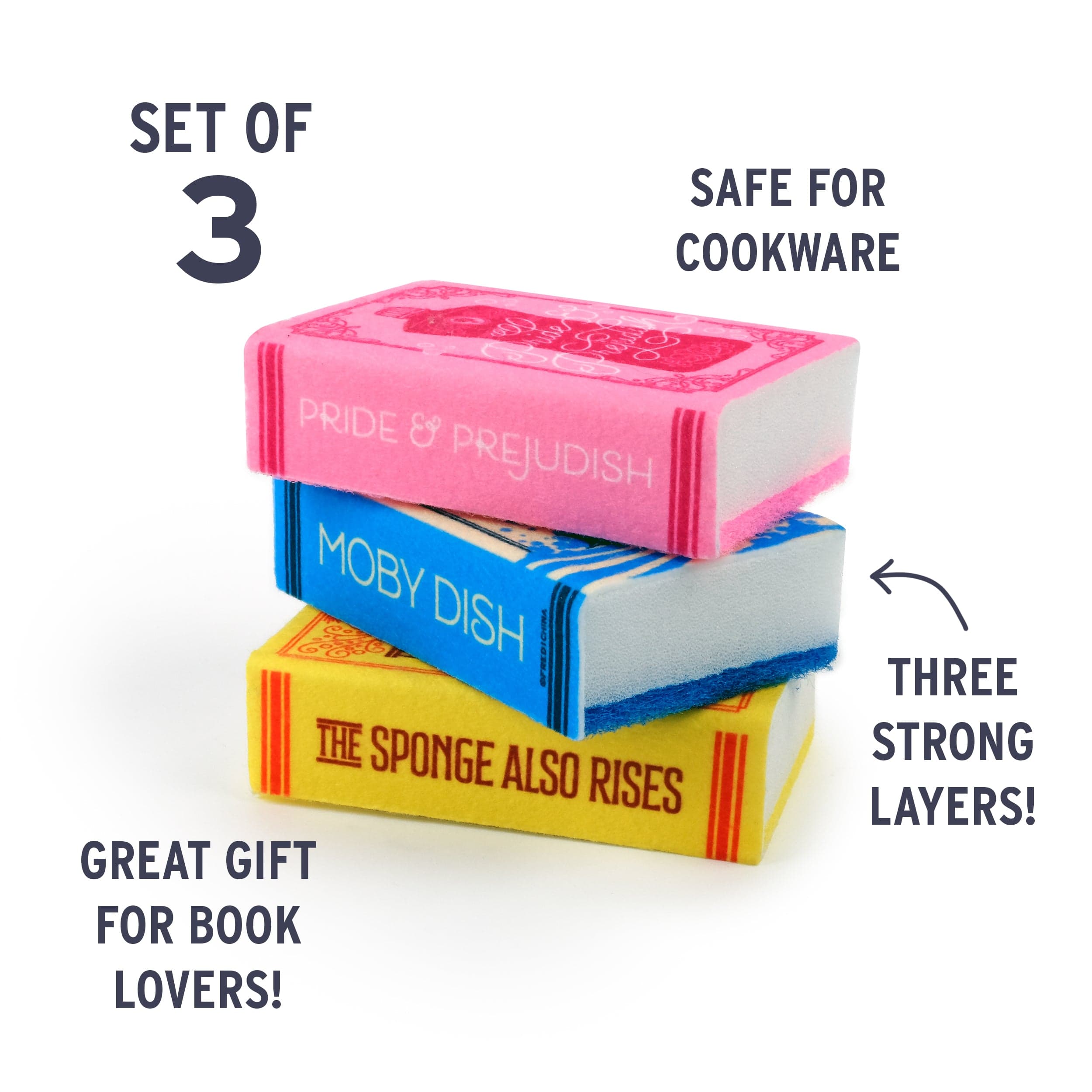 Neat & Novel Book Sponges: Set of 3. Safe for cookware. Three strong layers. Great gift for book lovers!