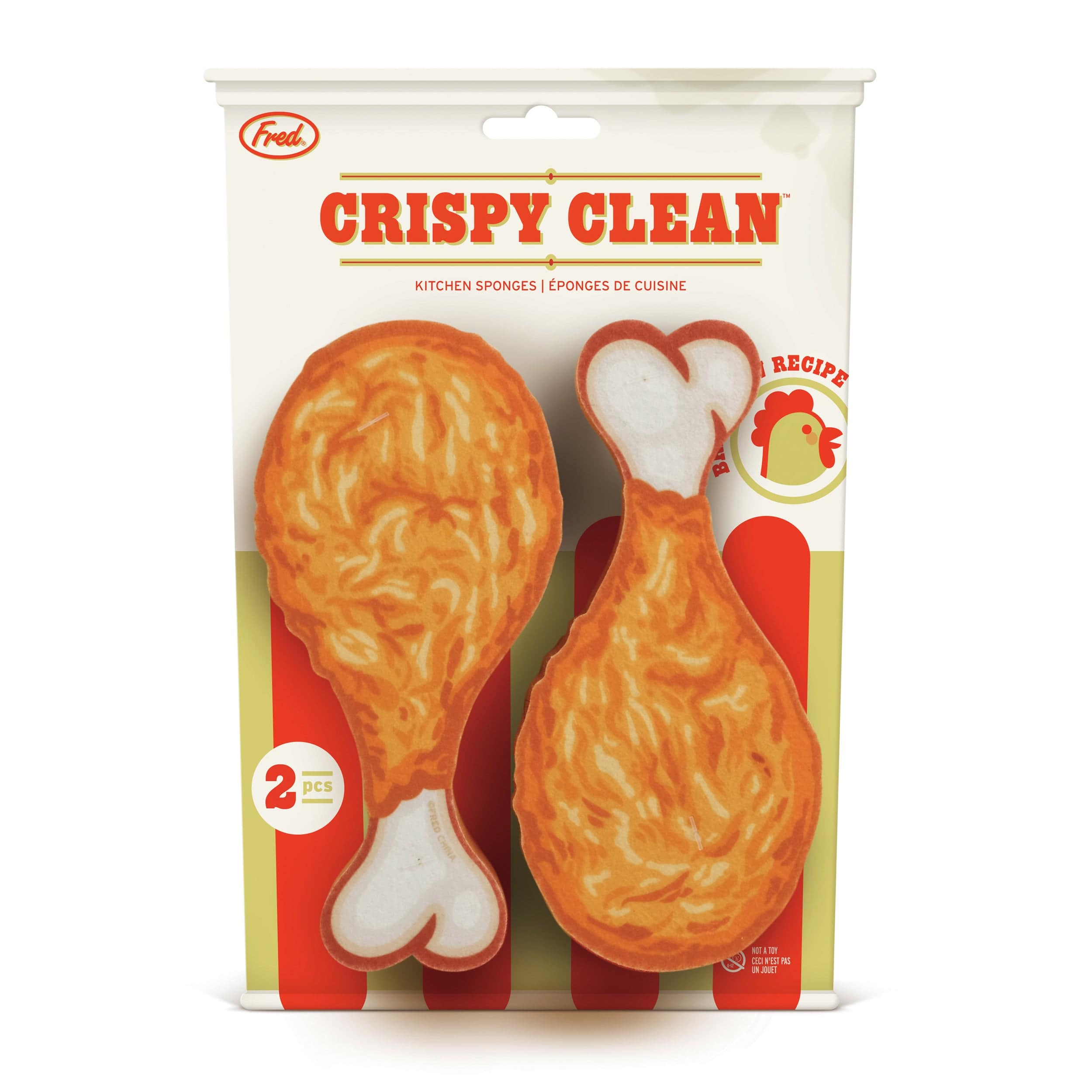 A set of two kitchen sponges that look like chicken drumsticks. They are shown on a backer card that looks like a chicken bucket that says "Crispy Clean"