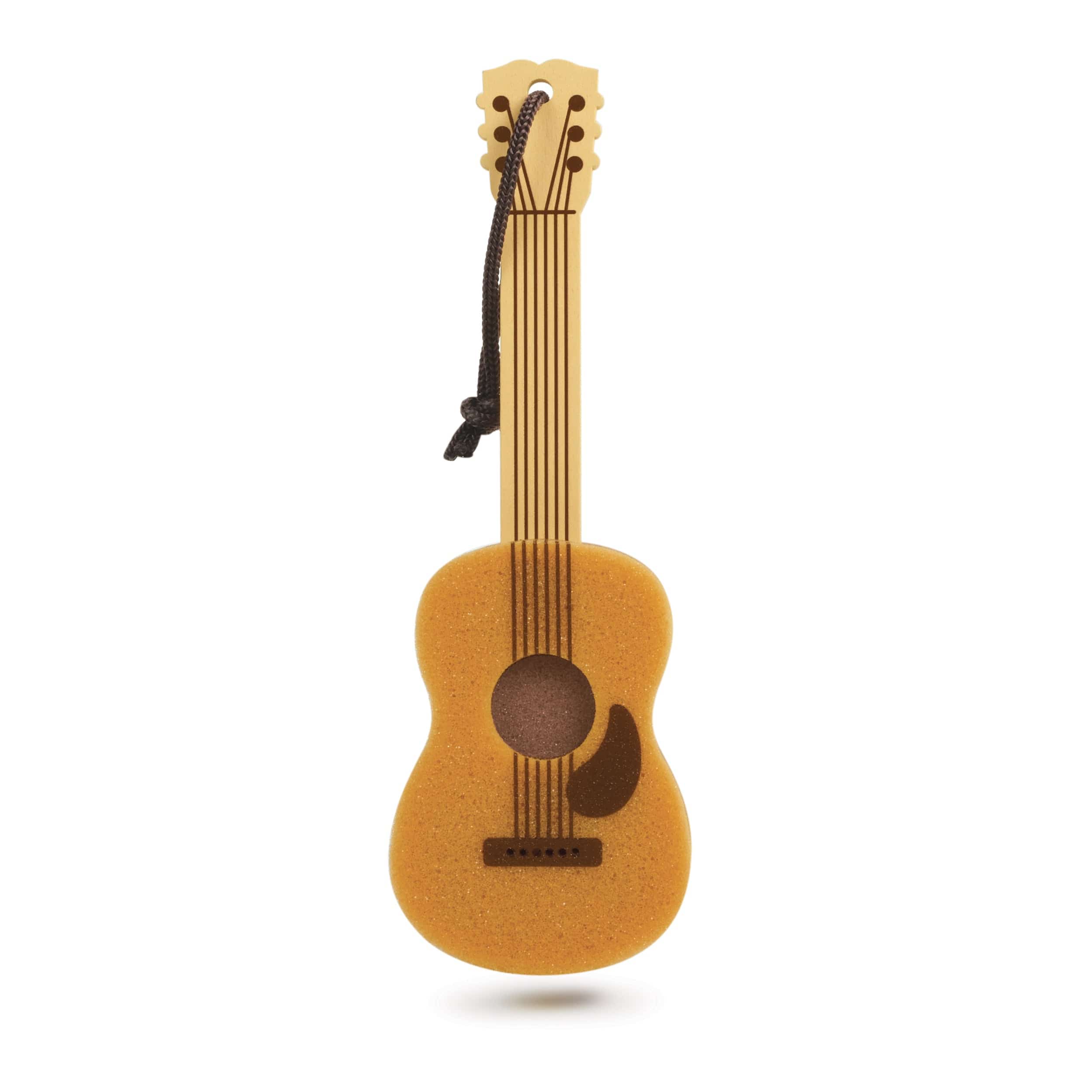 A bottle brush sponge that looks like an acoustic guitar