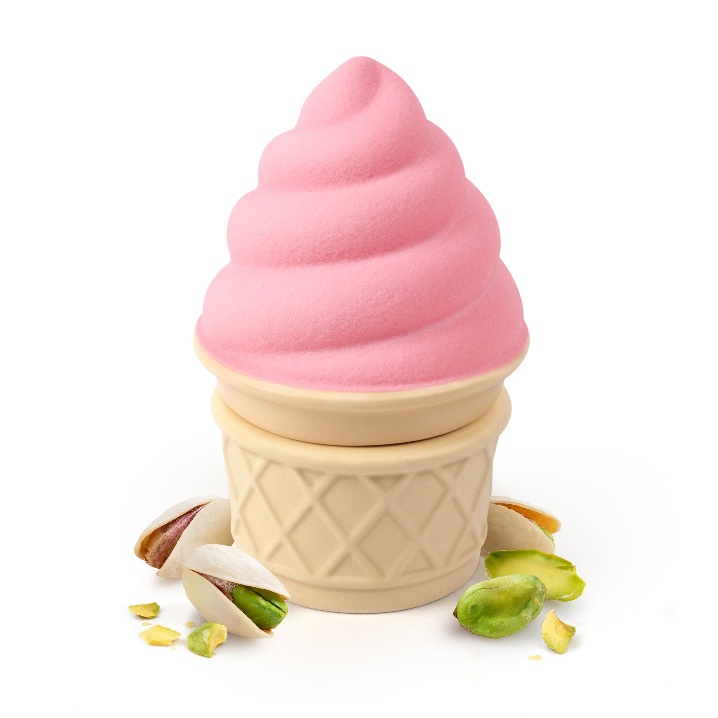 A ceramic spice and herb grinder that looks like strawberry soft serve ice cream in a cone.