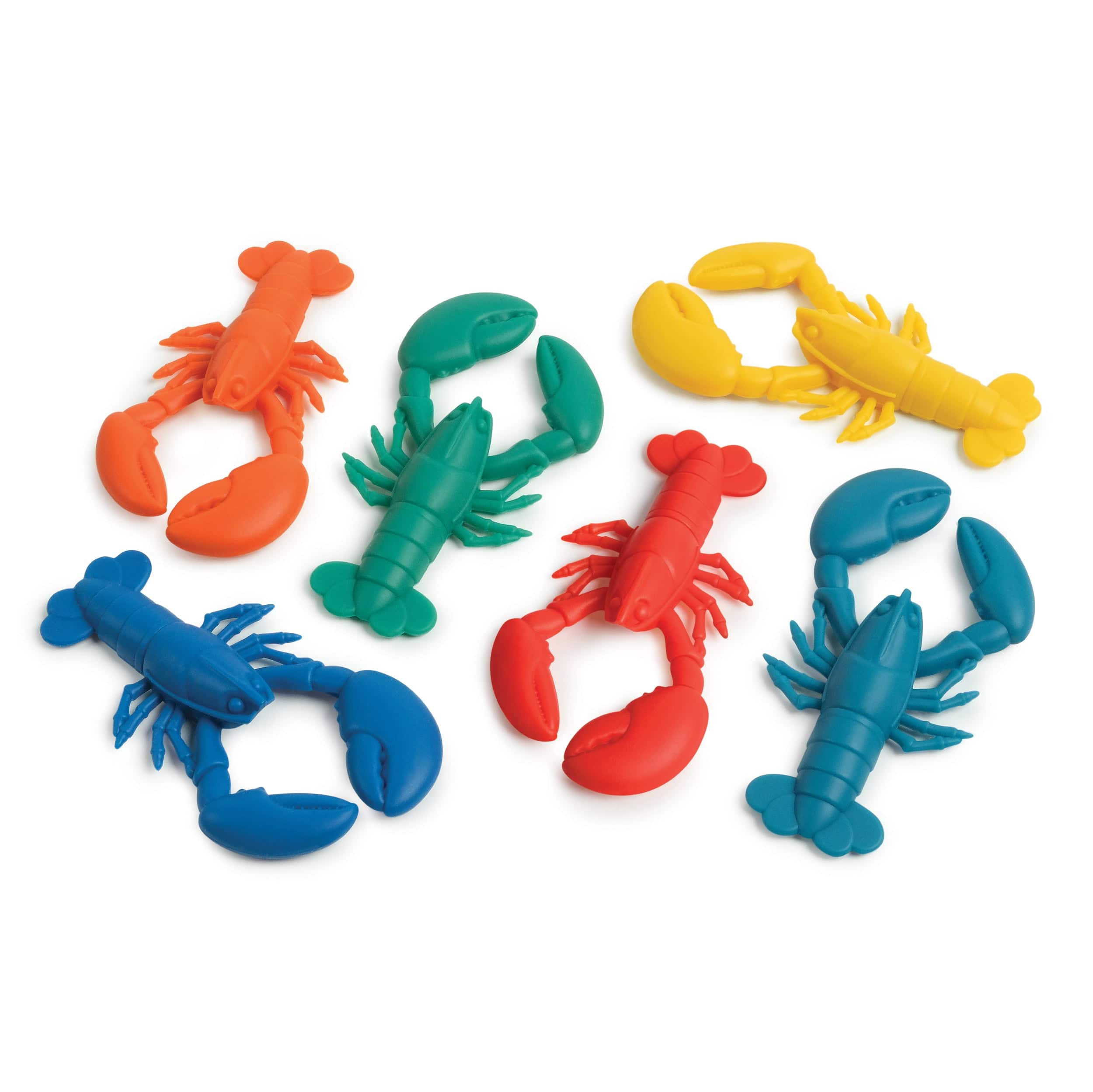 A set of 6 silicone wine stem charms that look like lobsters. Shown in orange, teal, dark blue, light blue, red, and yellow.