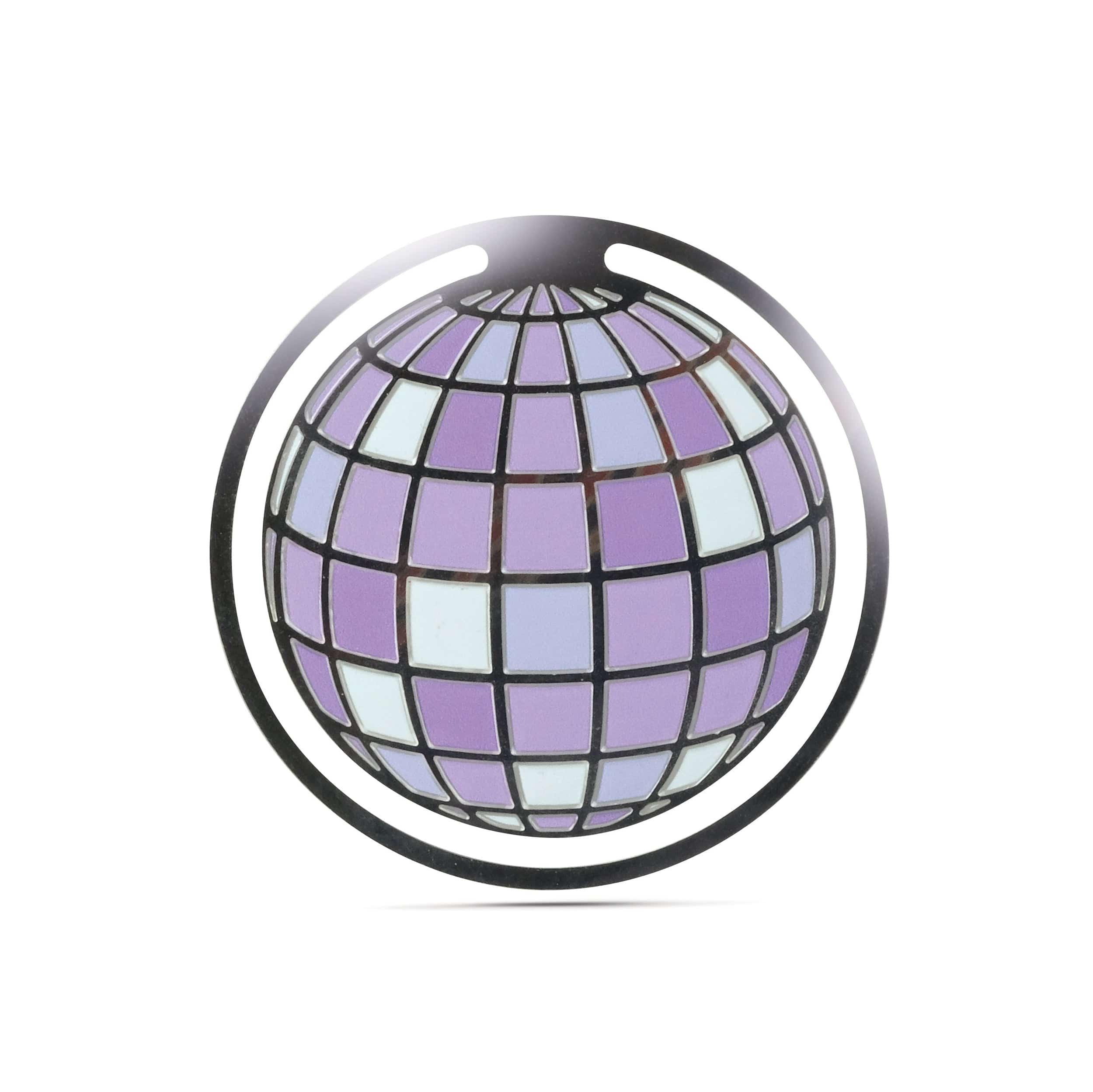 A stainless steel bookmark that looks like a disco ball. The disco ball is various shades of purple.