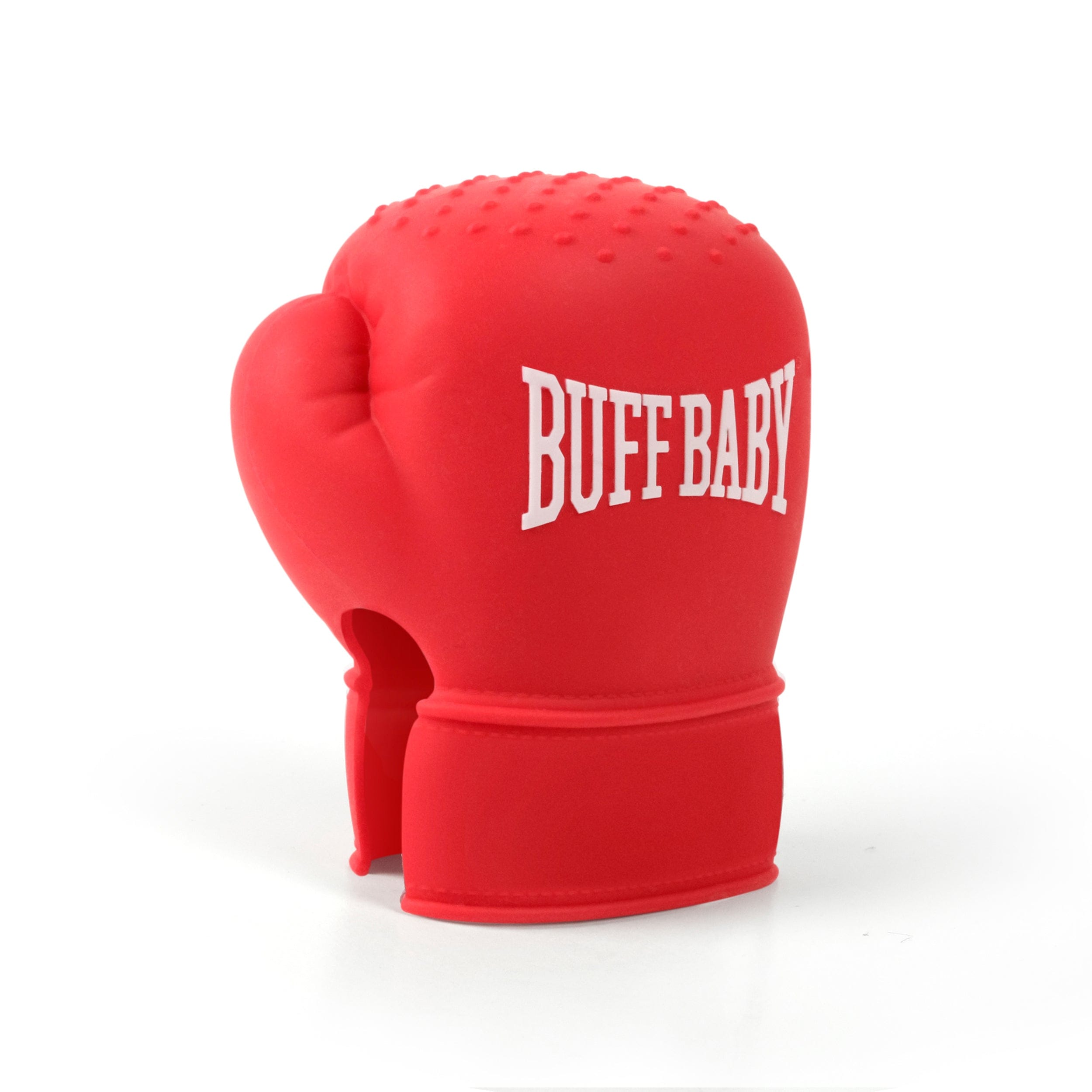 A baby teething mitt that looks like a red boxing glove. The words "Buff Baby" are embossed on the front.