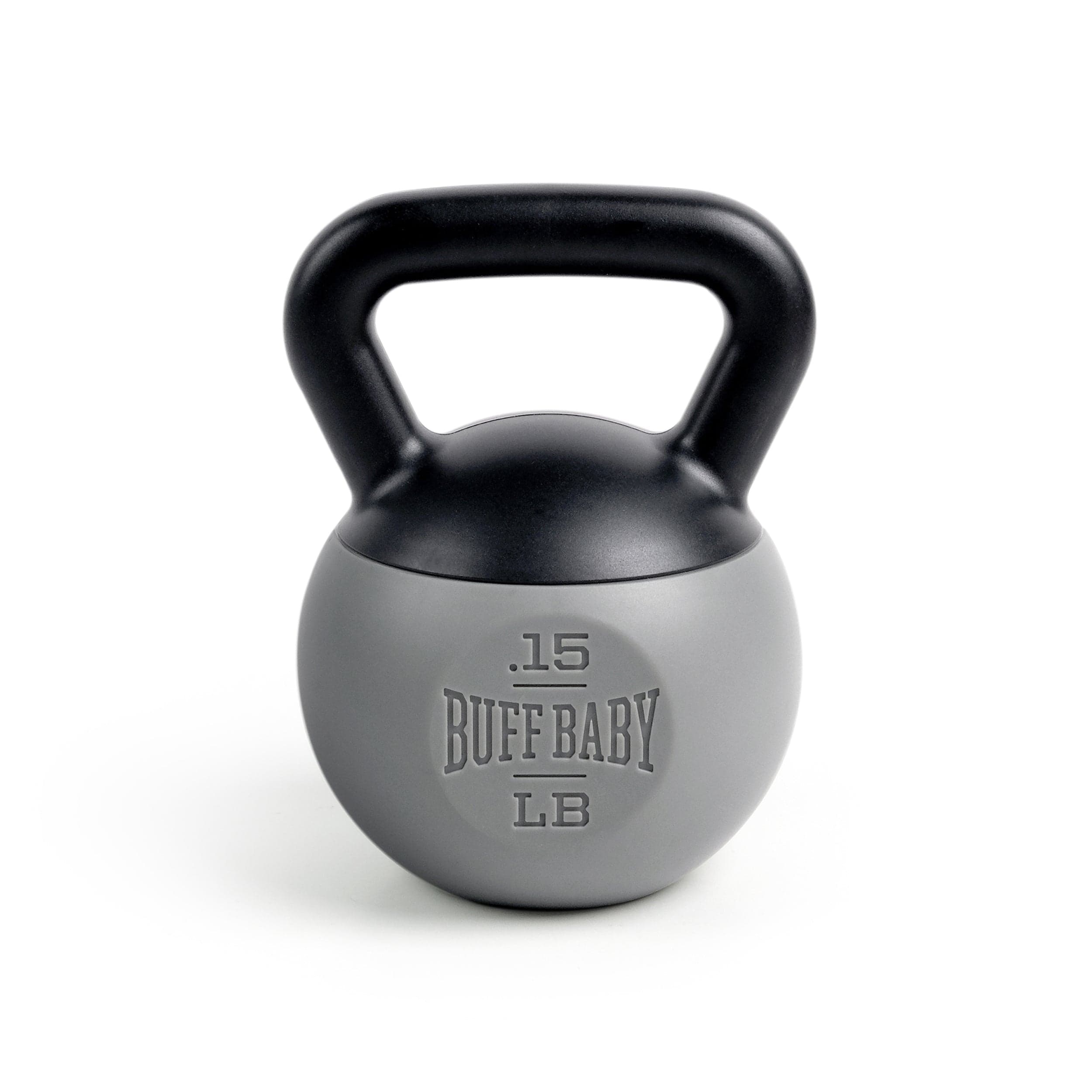 A plastic baby rattle that looks like a kettlebell. The front is engraved with text that says ".15LB, Buff Baby"