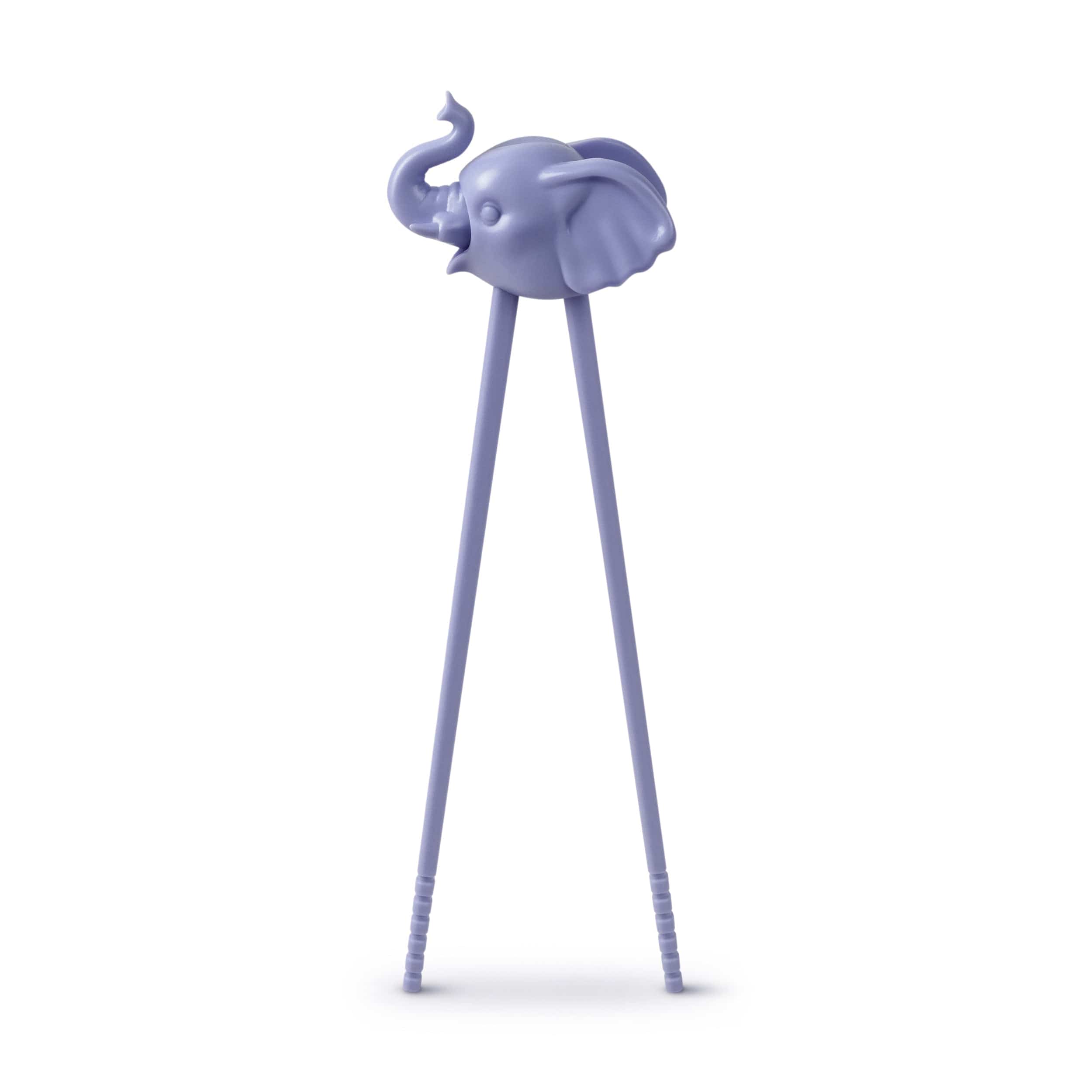 A pair of purple, plastic, hinged chopsticks that looks like an elephant.