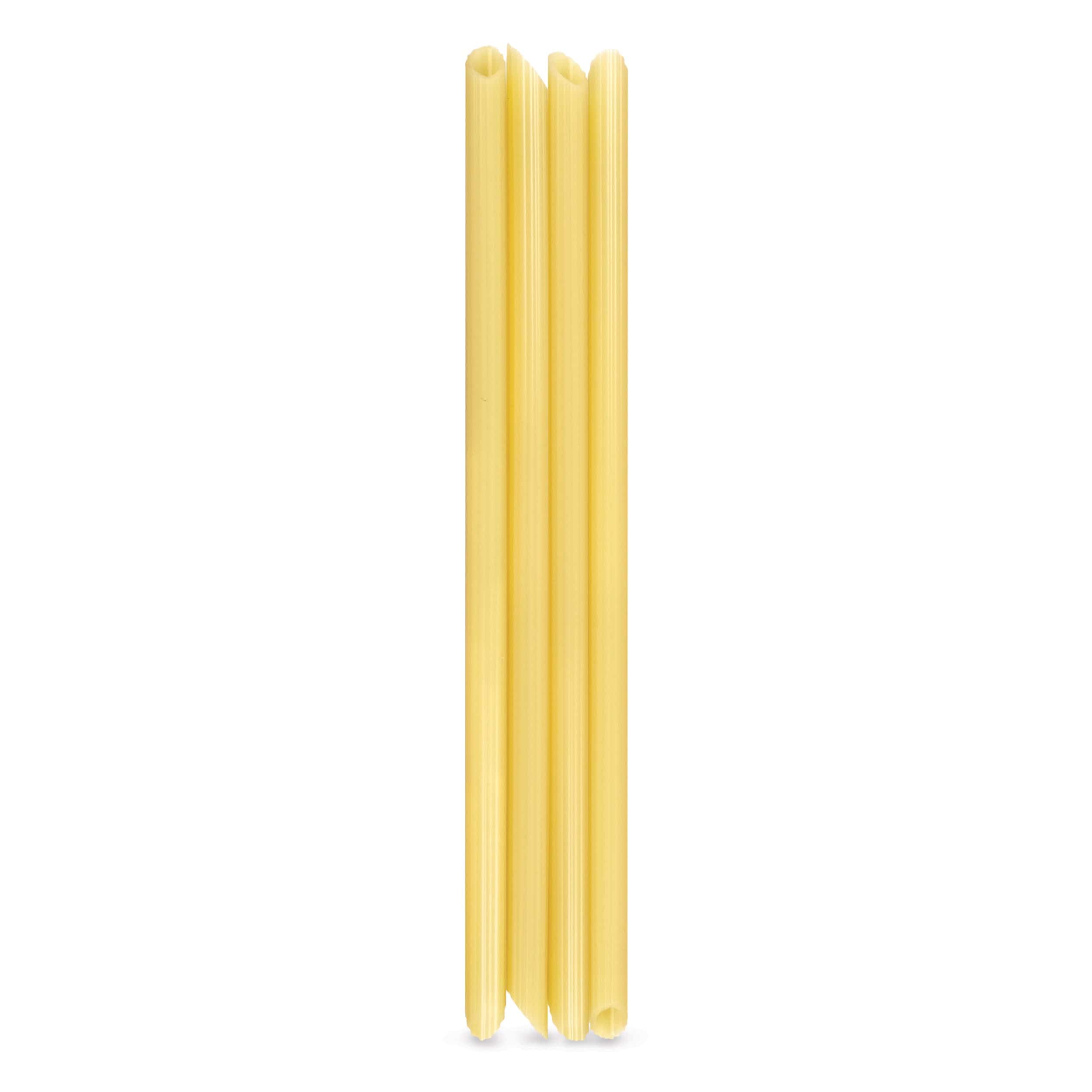 A set of 4 silicone drinking straws that look like pieces of penne pasta