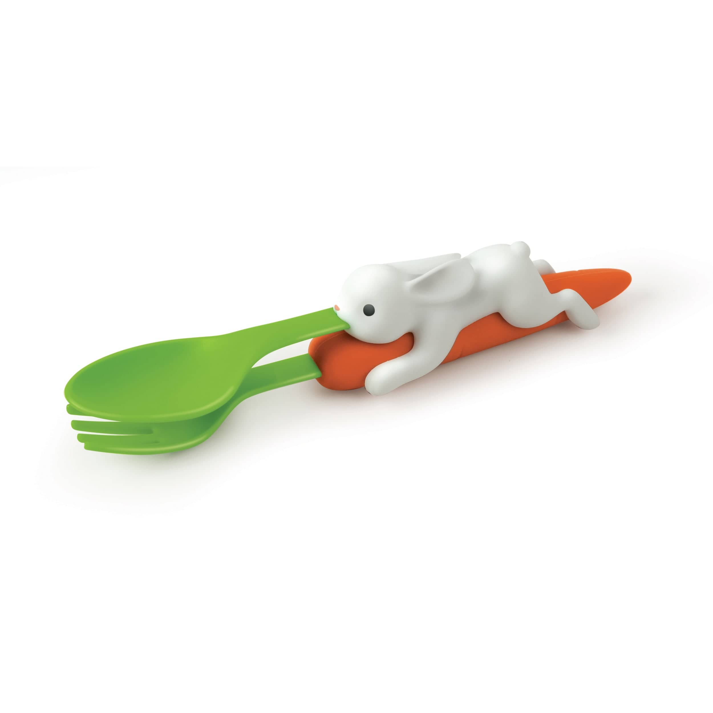 A set of nesting kids utensils that looks like a rabbit and a carrot