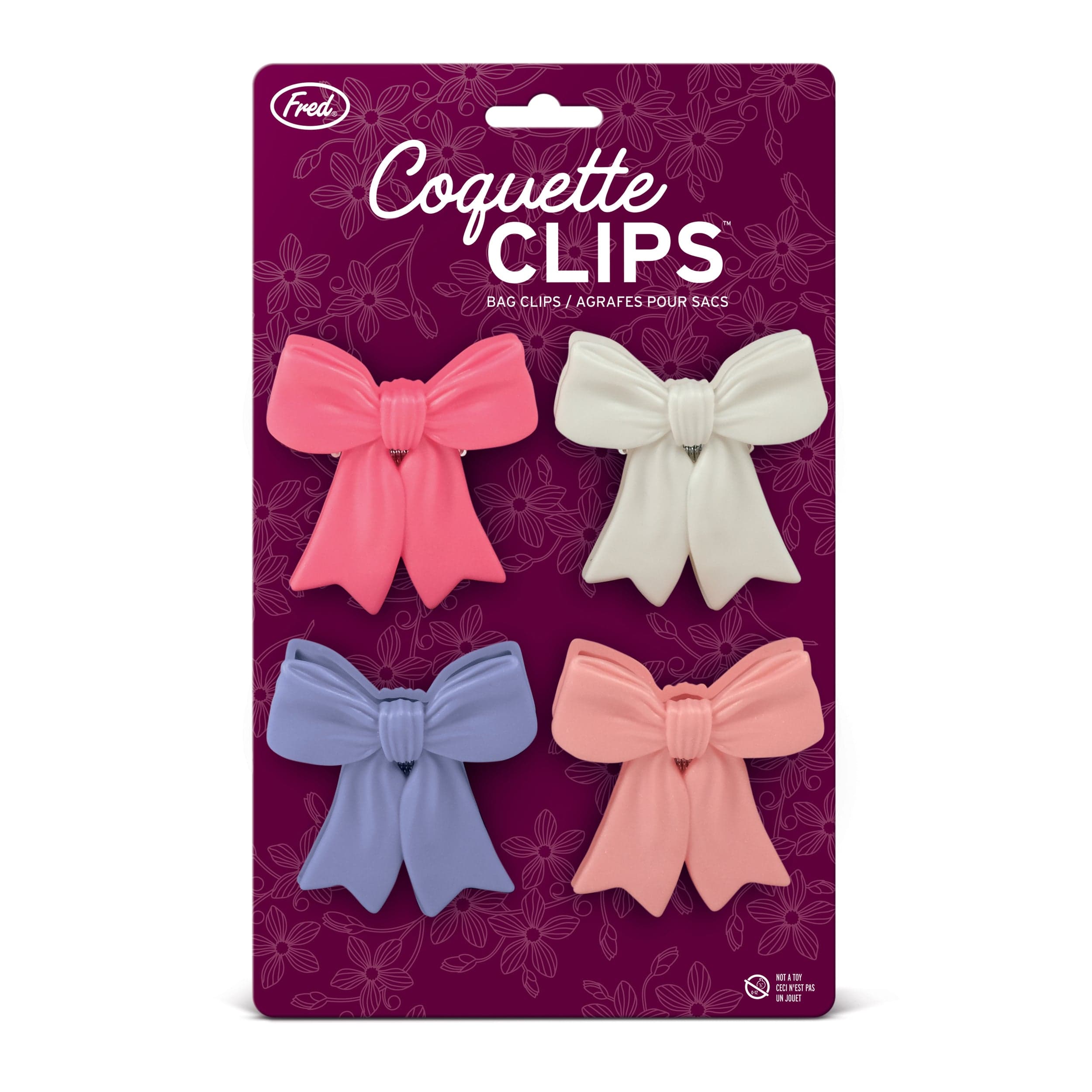 4 bag clips that look like ribbon hair bows. Shown in pink, purple, and white. The clips are on a magenta backer card that says "Coquette Clips"