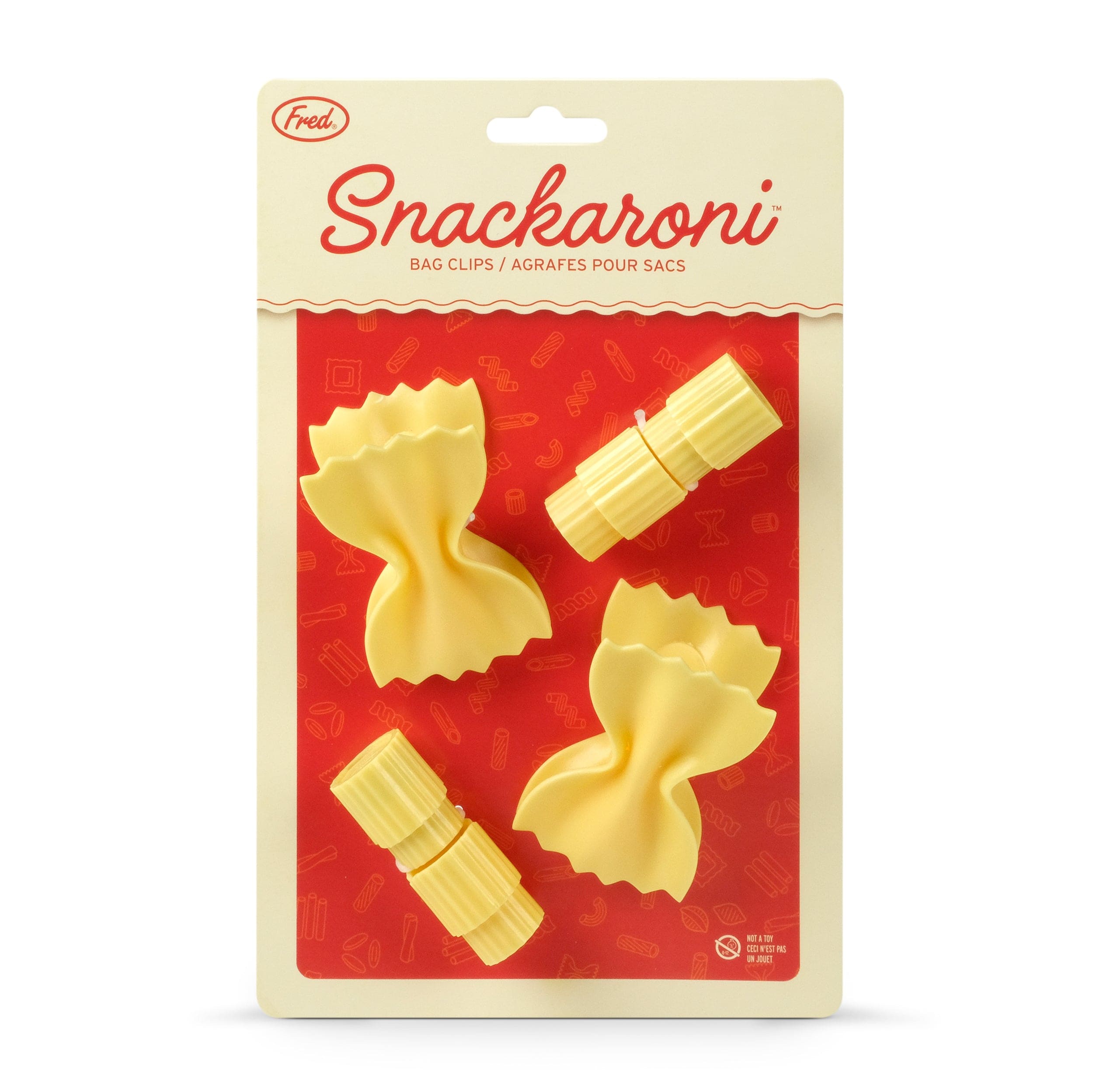 A set of bag clips that look like pasta. They are on a backer card that says "Snackaroni"