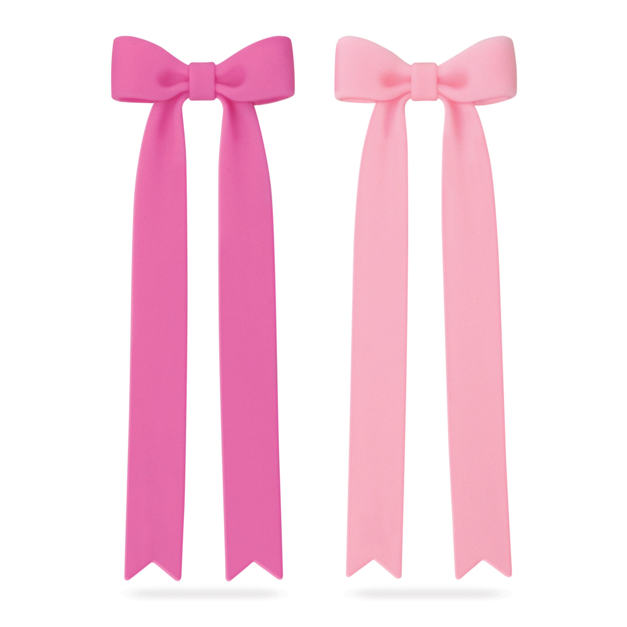 A set of two pink silicone bookmarks that look like ribbon hair bows