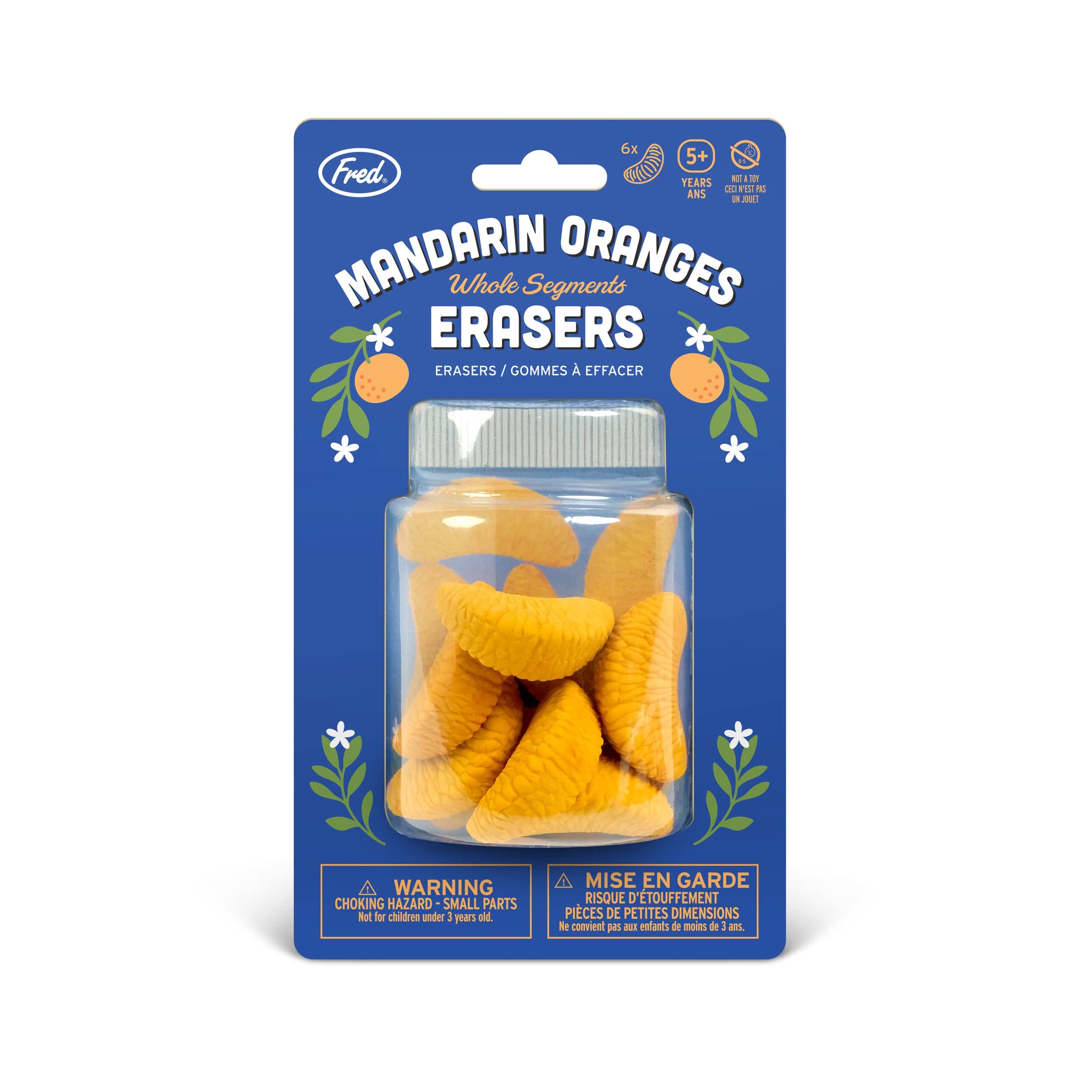 Mandarin Oranges Erasers. Set of 6 on a blue backer card