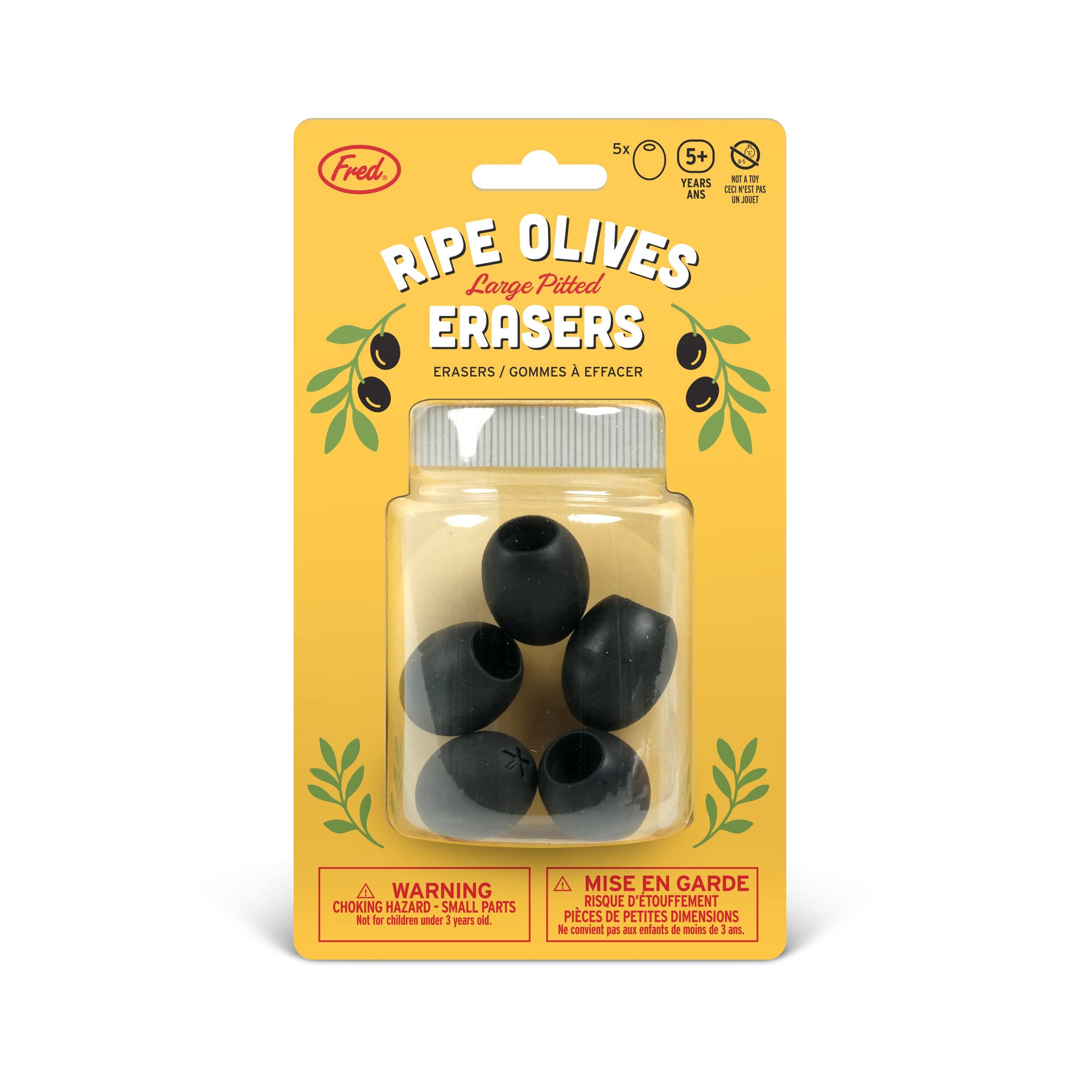 Ripe Olive Erasers. Set of 5 on a yellow backer card