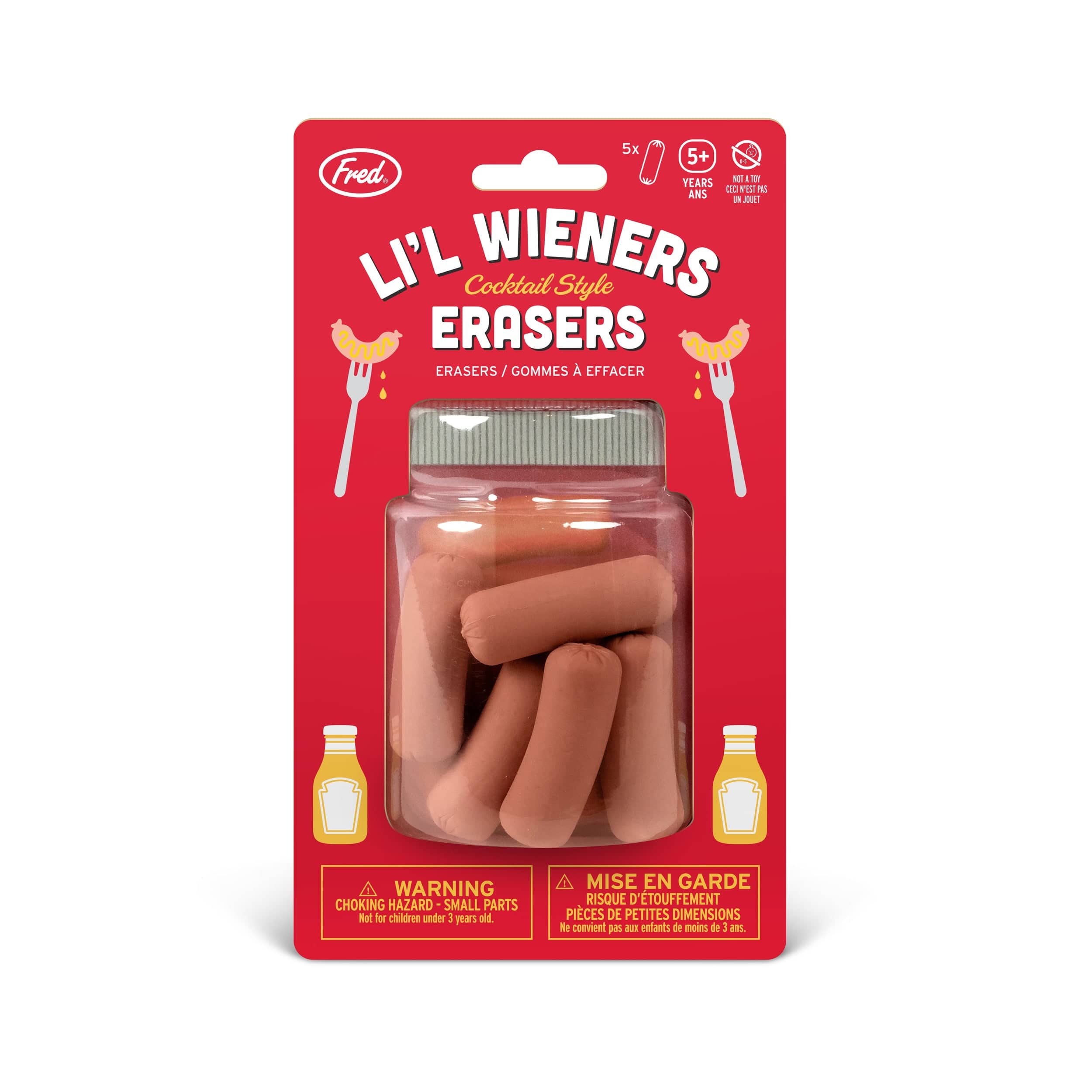 Lil Wieners Erasers. Cocktail Wiener erasers. Set of 6 on a red backer card