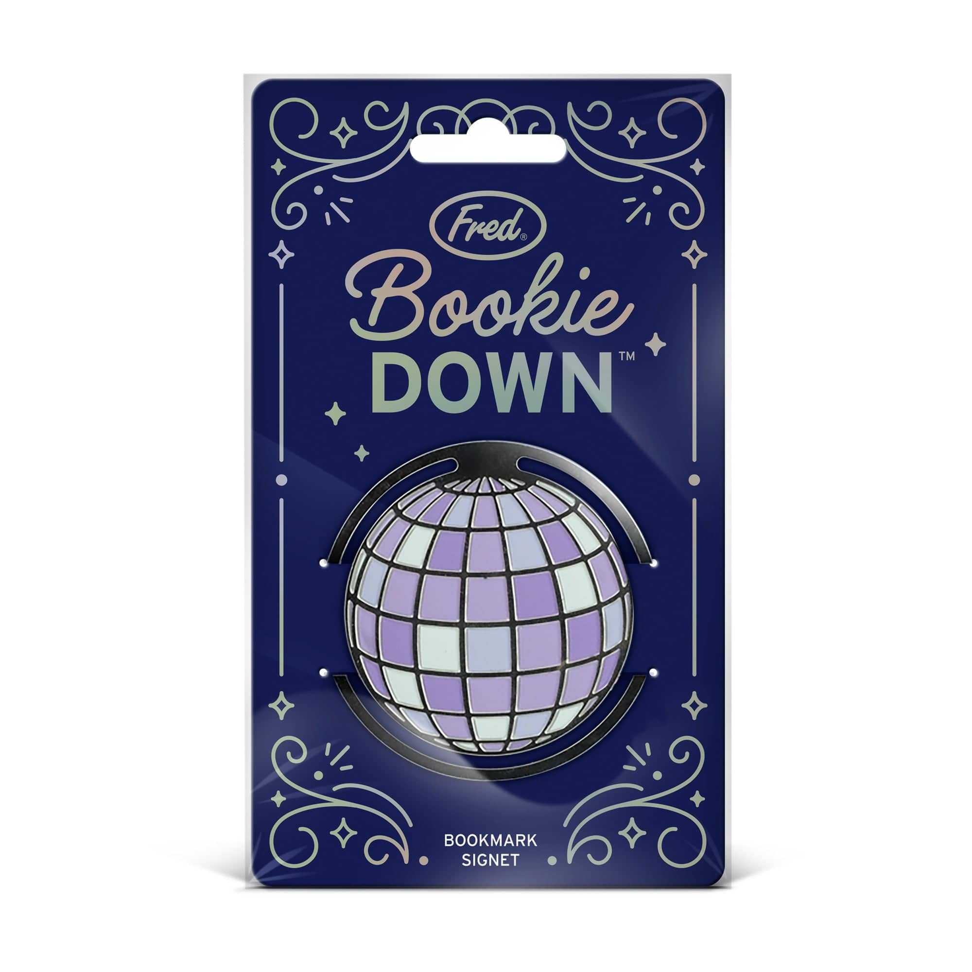 A stainless steel bookmark that looks like a disco ball in packaging. Product name is Bookie Down