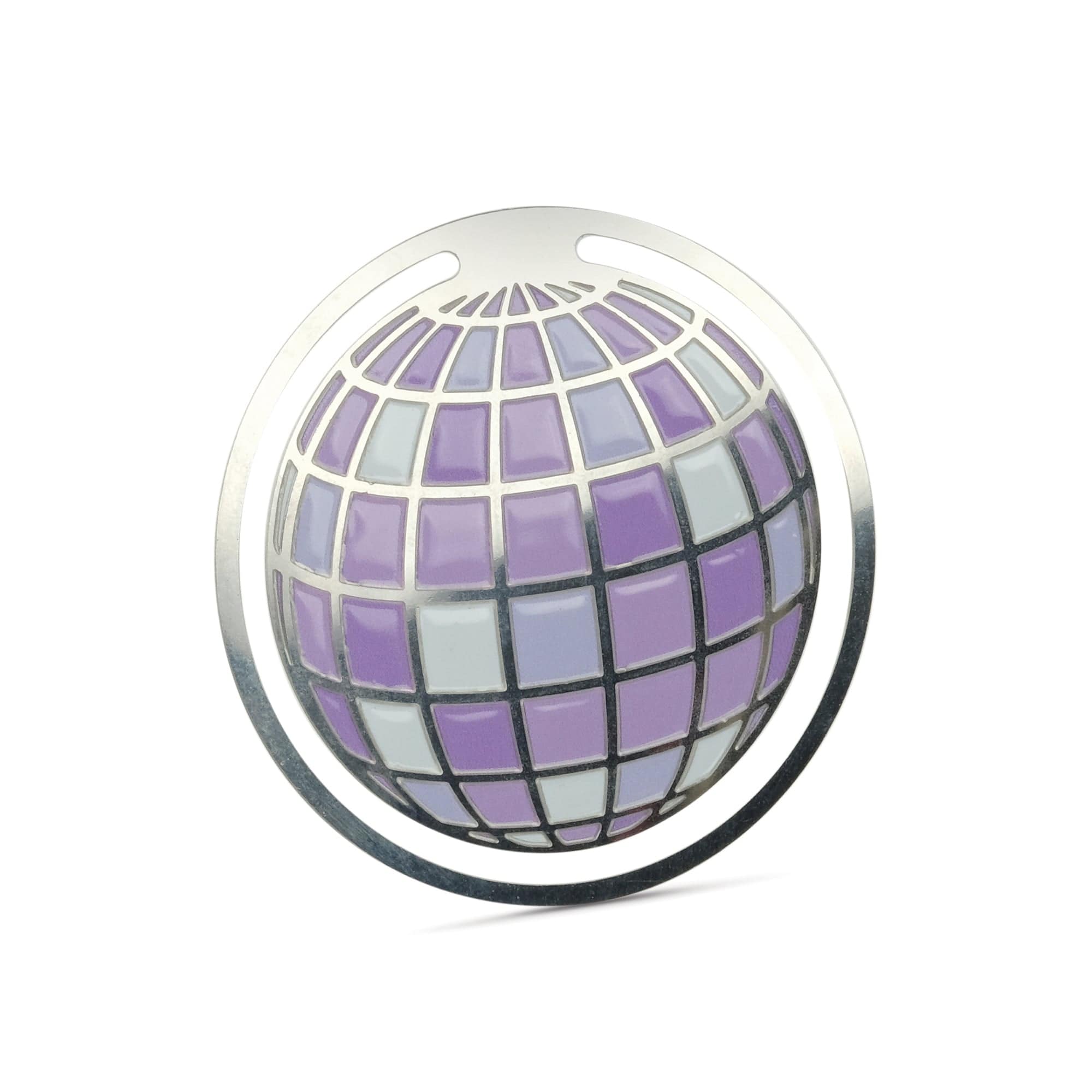 A stainless steel bookmark that looks like a disco ball. The disco ball is various shades of purple.