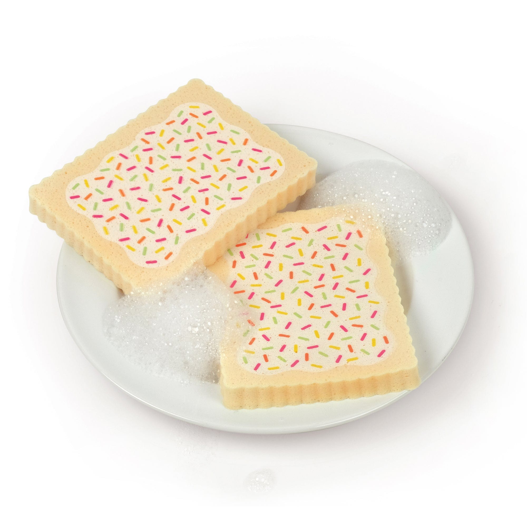 Fred Slop Tarts Compressed Kitchen Sponges - on a plate with soap suds