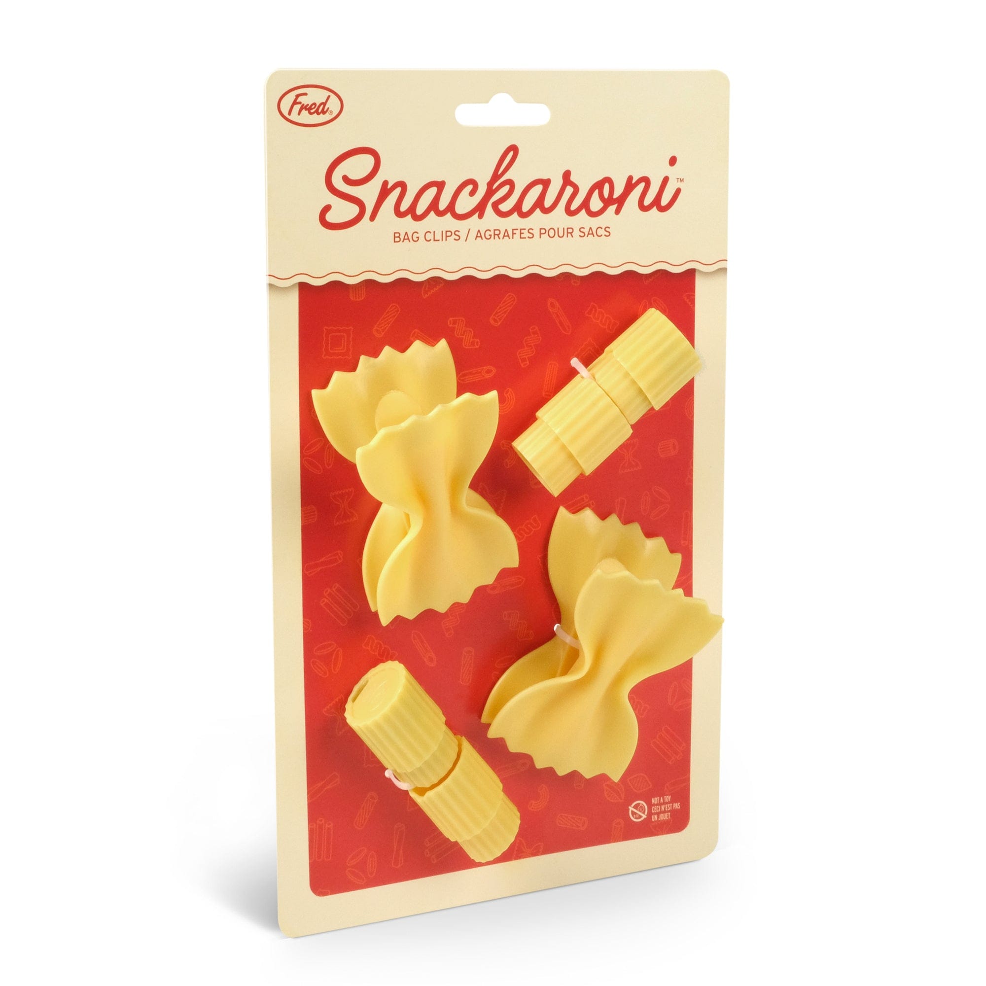 A set of bag clips that look like pasta. They are on a backer card that says "Snackaroni"