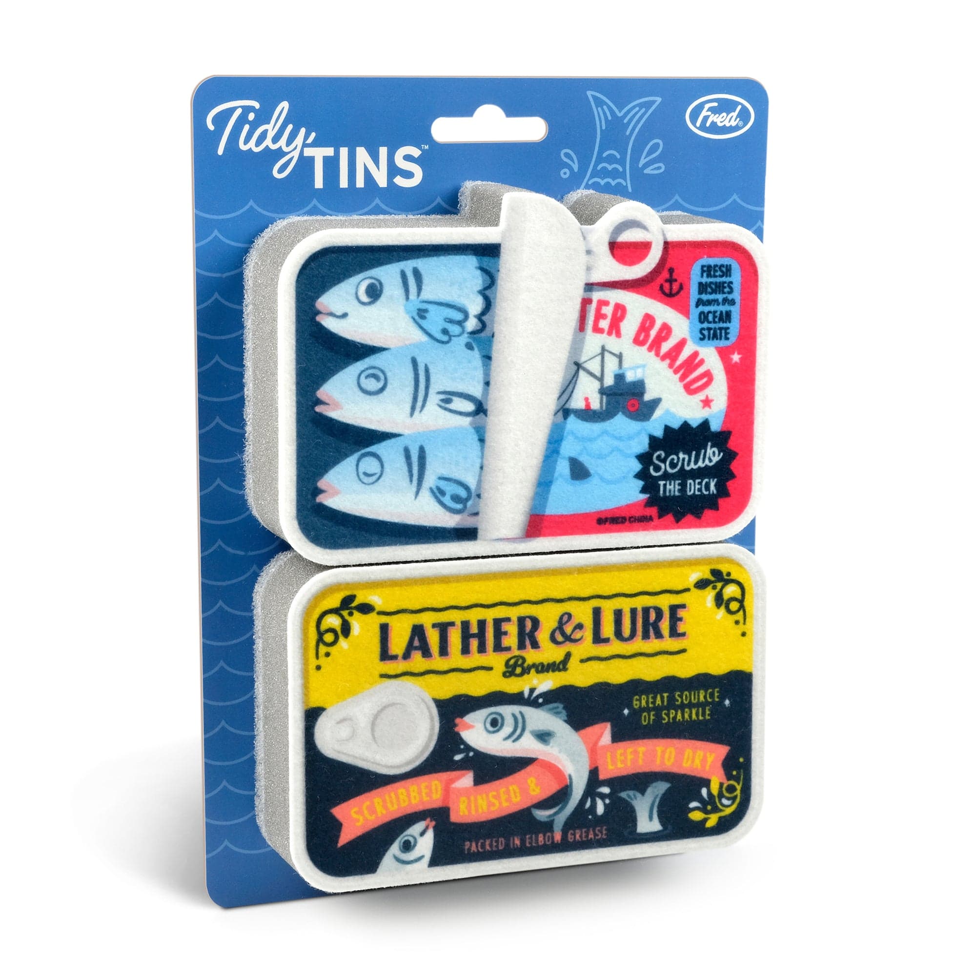 A set of two sponges that look like tinned fish or sardines. Shown on blue packaging