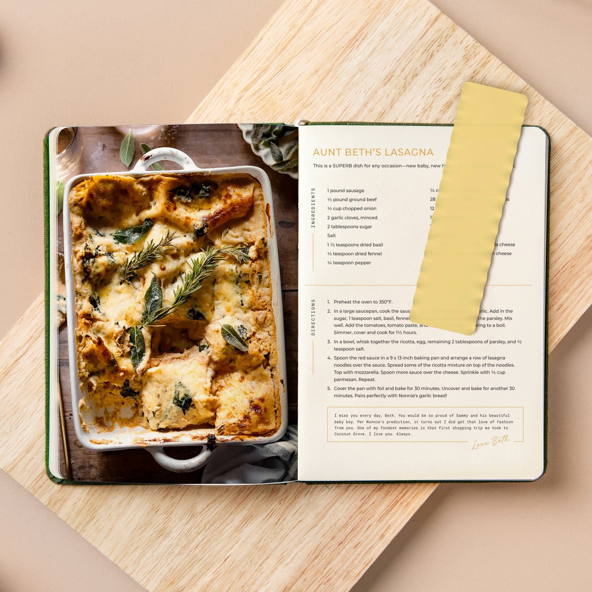 Use Your Noodle Lasagna Bookmark resting on a cookbook