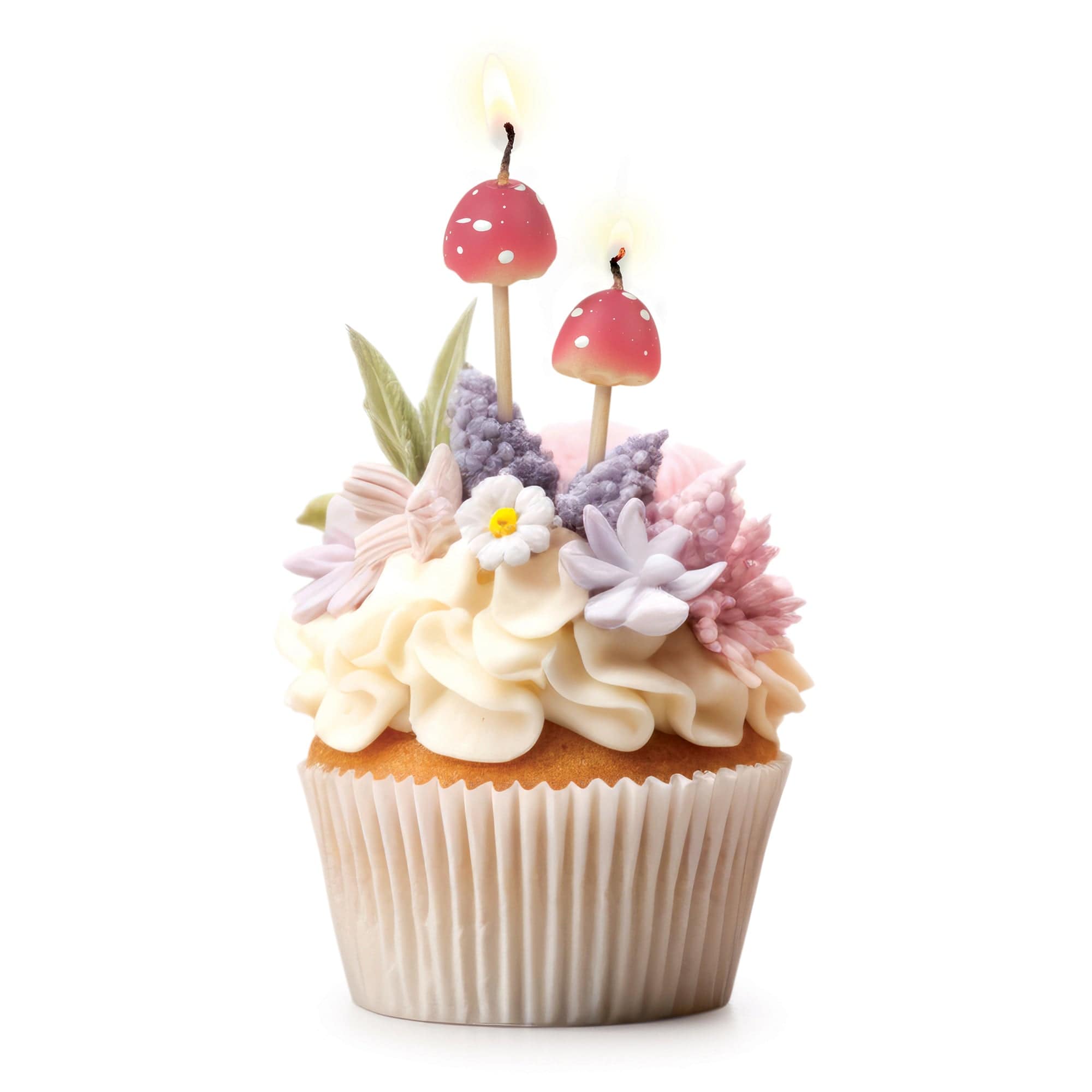 Two Mushroom Candles in a frosted cupcake