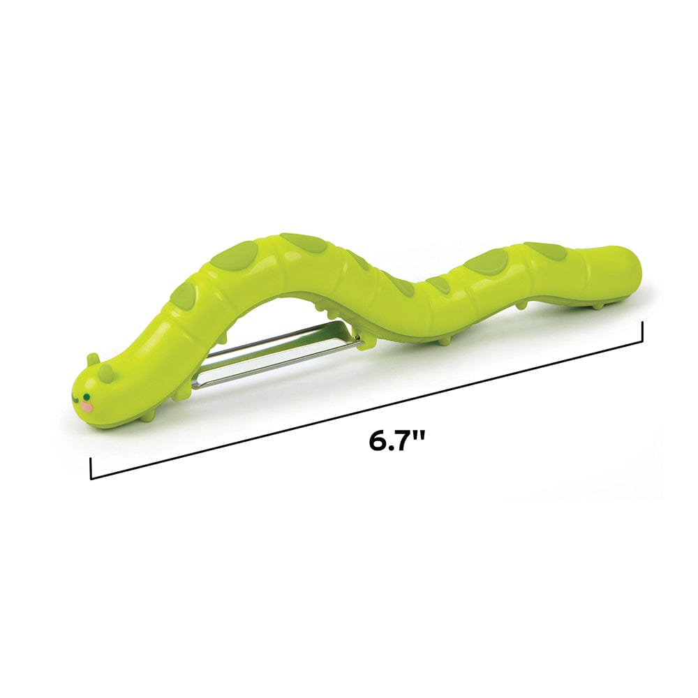 A fruit & vegetable peeler that looks like a green caterpillar. Shows measurements that are 6.7 inches wide