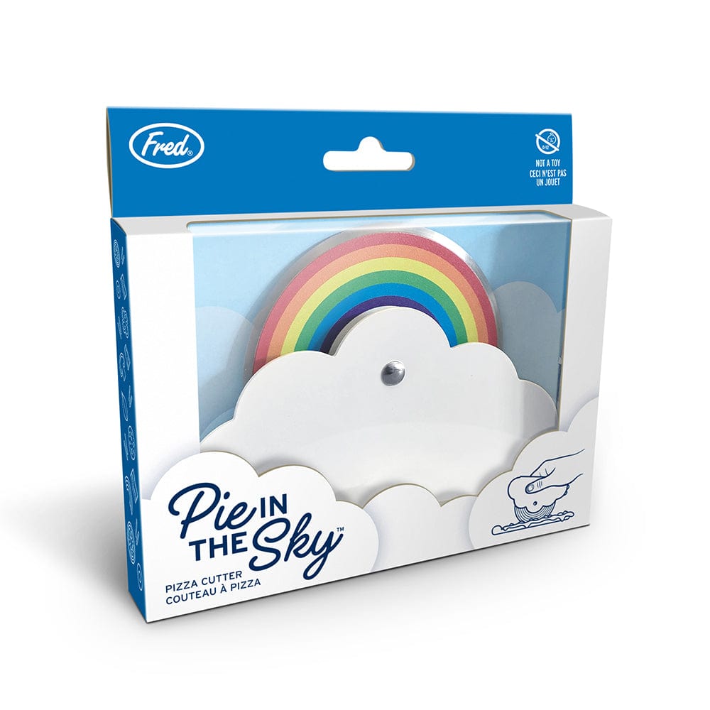 A pizza cutter that looks like a cloud and rainbow. The product is in window-box packaging with blue accents.