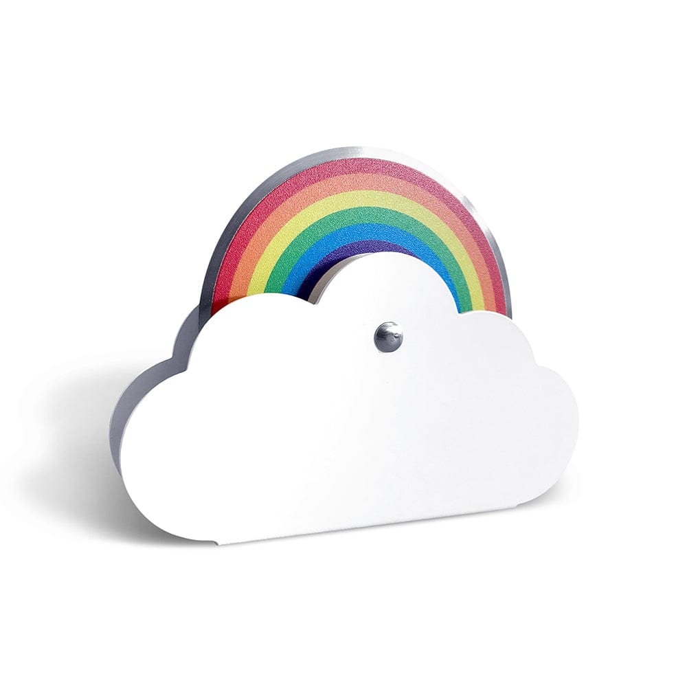 A pizza cutter that looks like a cloud and rainbow. The handle is a cloud and the stainless steel blade is printed with a seven color rainbow