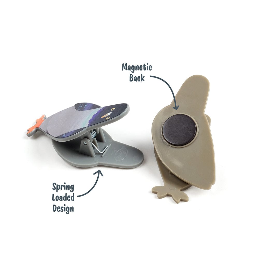 A bag clip that looks like a pigeon, showing a large circular magnet on the back of the product. The image points out that the product has a magnetic back and is construction with a spring loaded design for a tight seal.