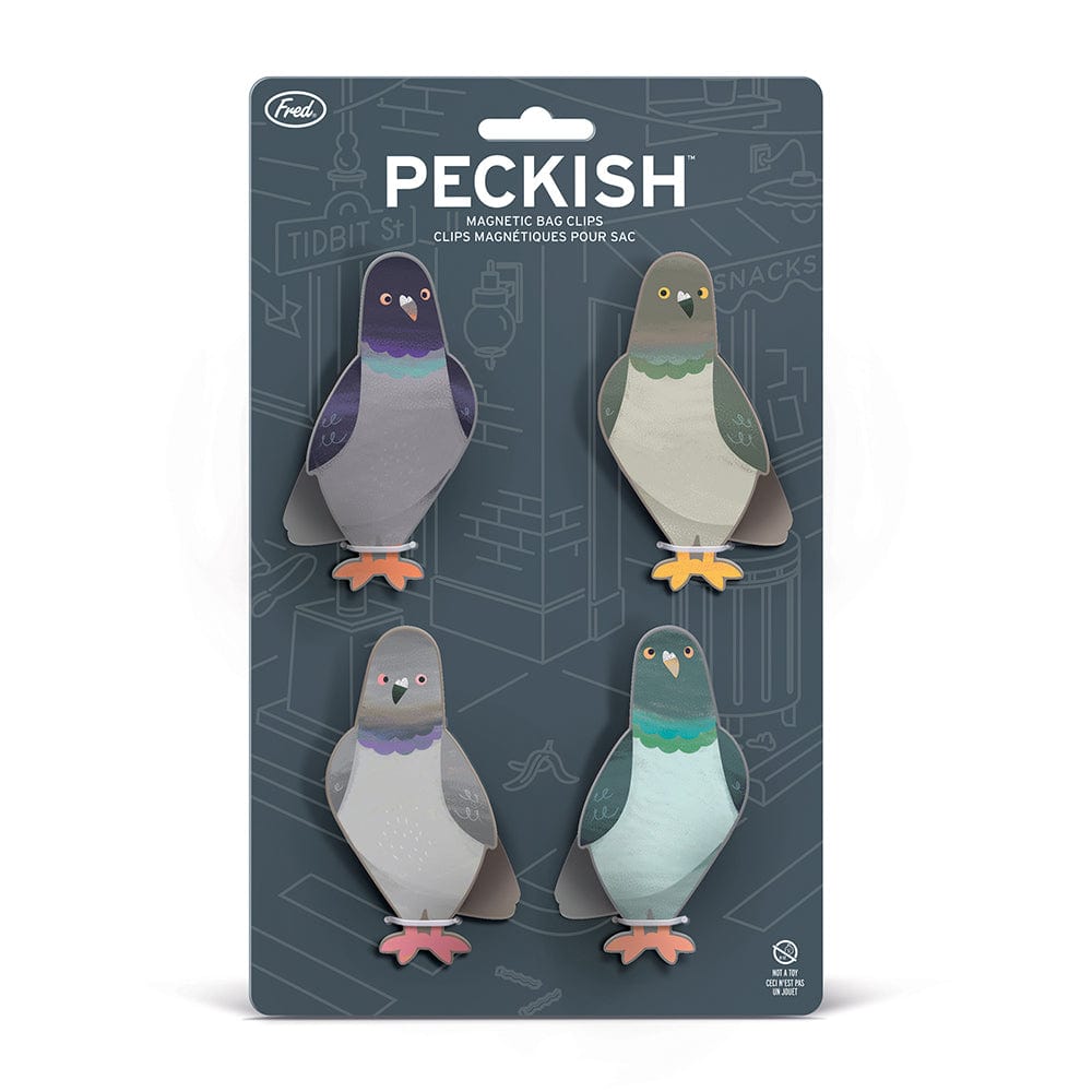 A set of four bag clips that look like pigeons. Placed on backer card packaging that is illustrated to look like a busy, downtown street corner