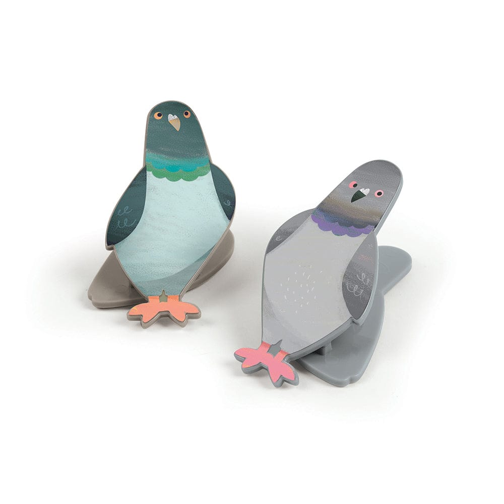 Two magnetic bag clips that look like pigeons. 