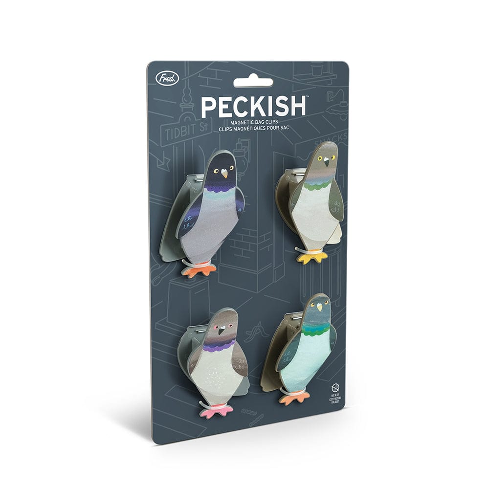 A set of four bag clips that look like pigeons. Placed on backer card packaging that is illustrated to look like a busy, downtown street corner