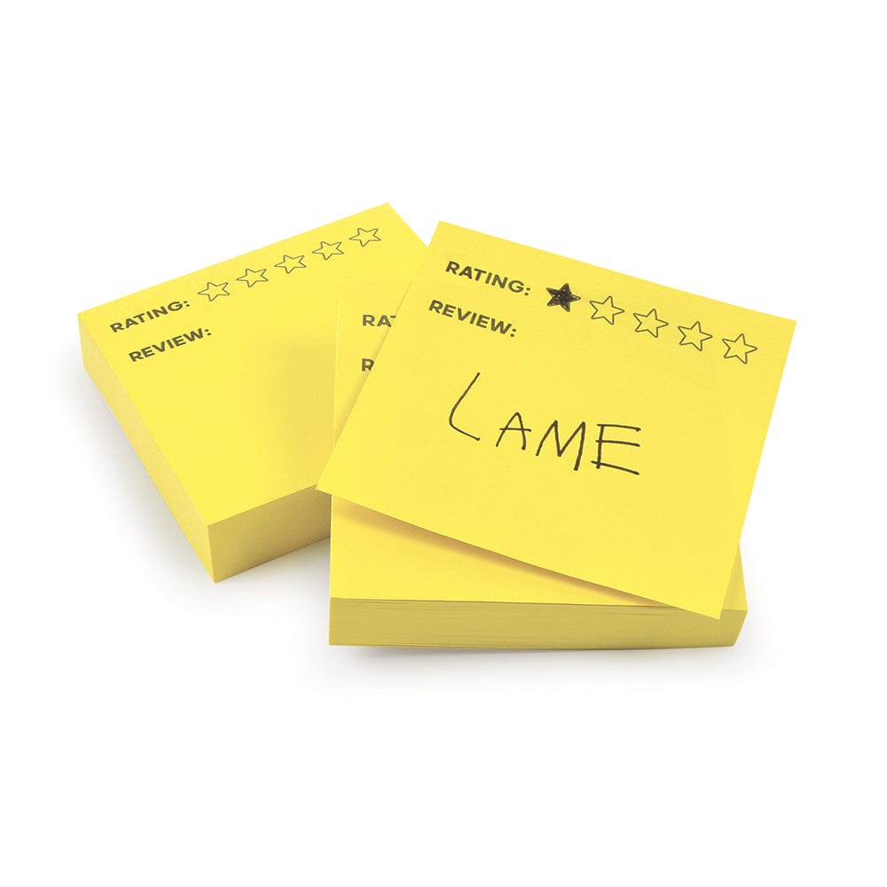 2 pads of yellow sticky notes that say "Rating" and "Review". There is one star filled in and someone has handwritten "Lame"