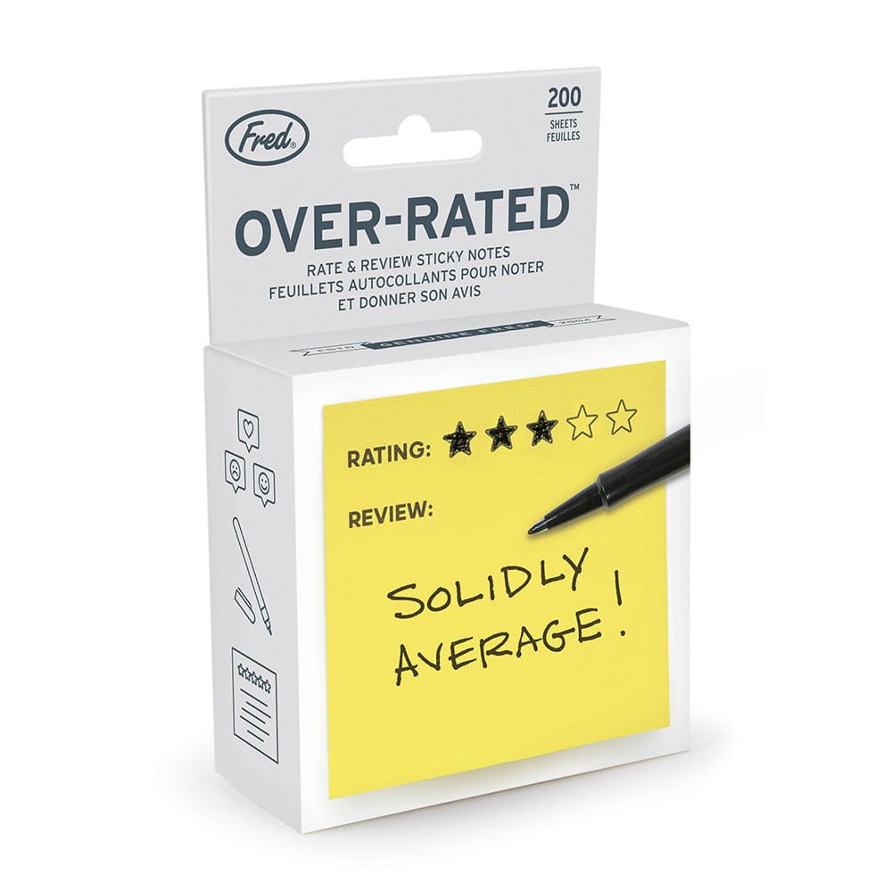 Fred's Over-Rated Sticky Notes in giftbox packaging with gray accents. The sticky note on the front has 3 stars and says "solidly average!"