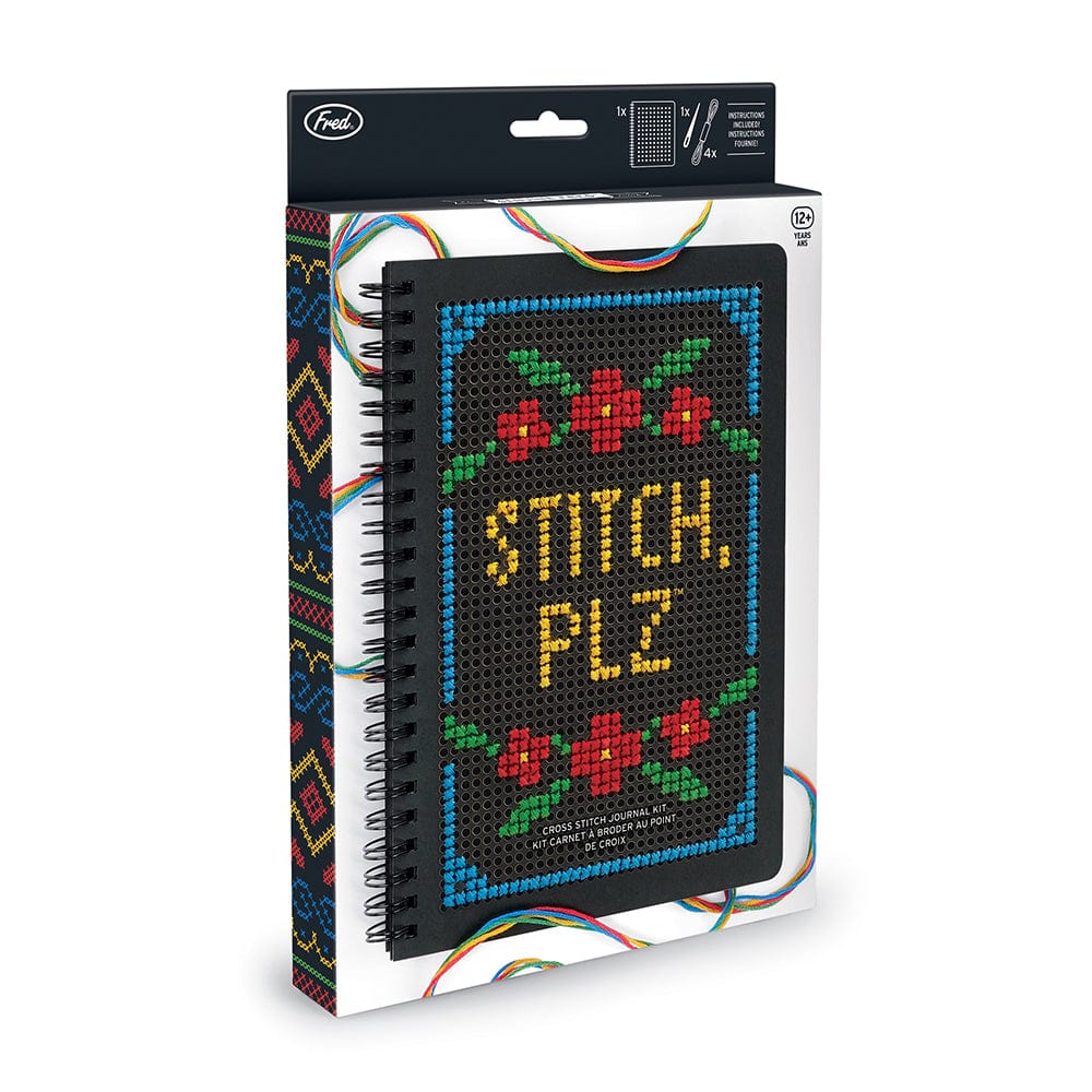 A gift box for Fred's product: Stitch Plz. The front of the gift box shows a black journal with a cross stitched cover that says "Stitch, Plz". The journal is surrounded by 4 colors of embroidery thread: blue, green, red, and yellow.