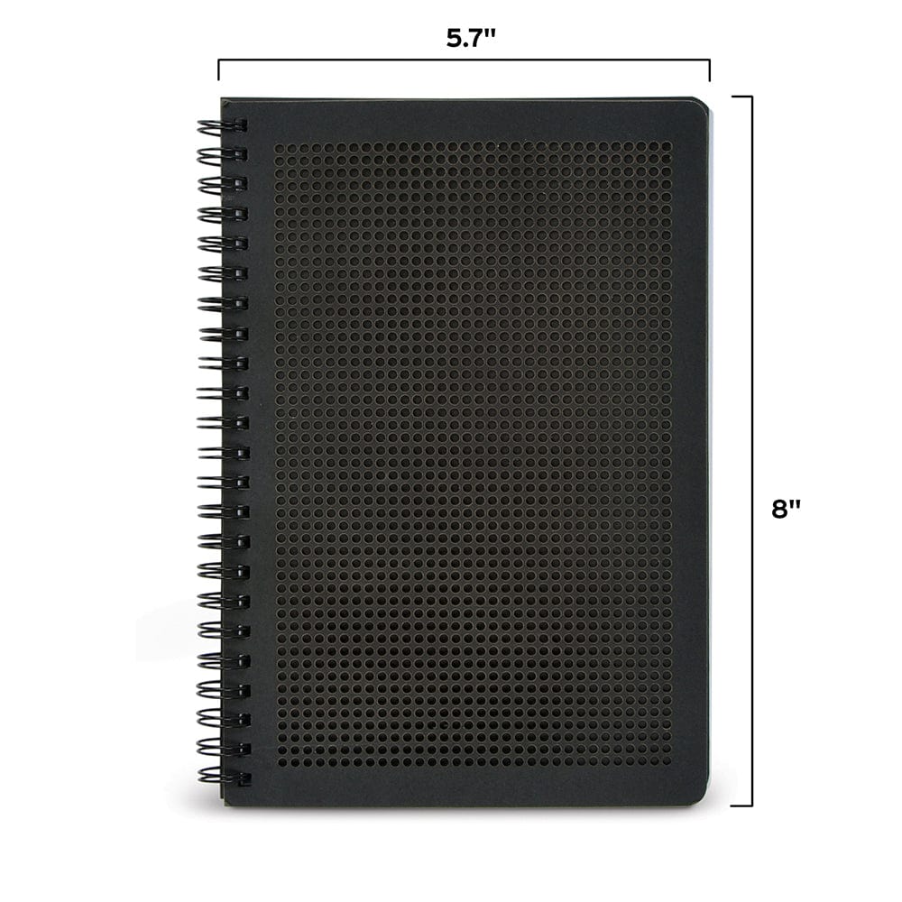 A black journal with a dot grid of holes on the cover. The image shows the dimensions of the journal: 5.7" wide and 8" tall