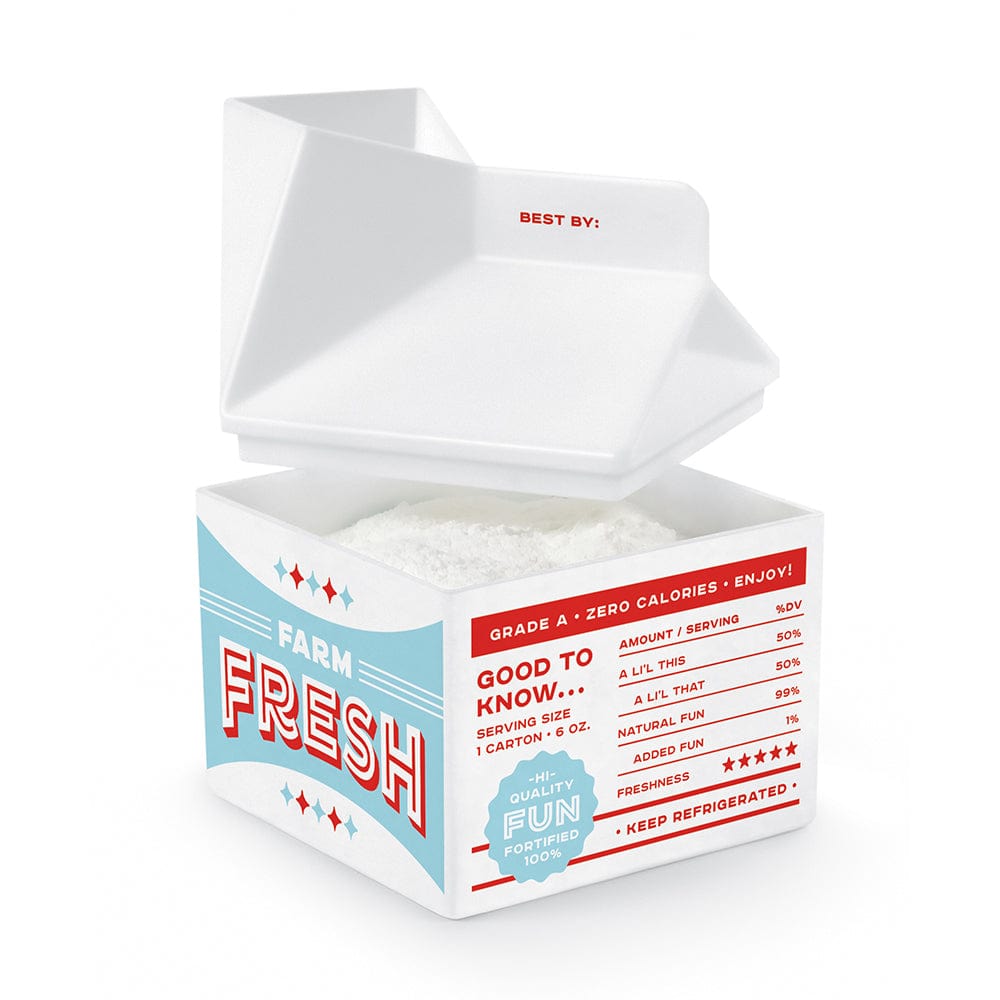 A plastic milk carton odor absorber showing that it is filled with baking soda. There are fake and funny nutrition facts on the back.