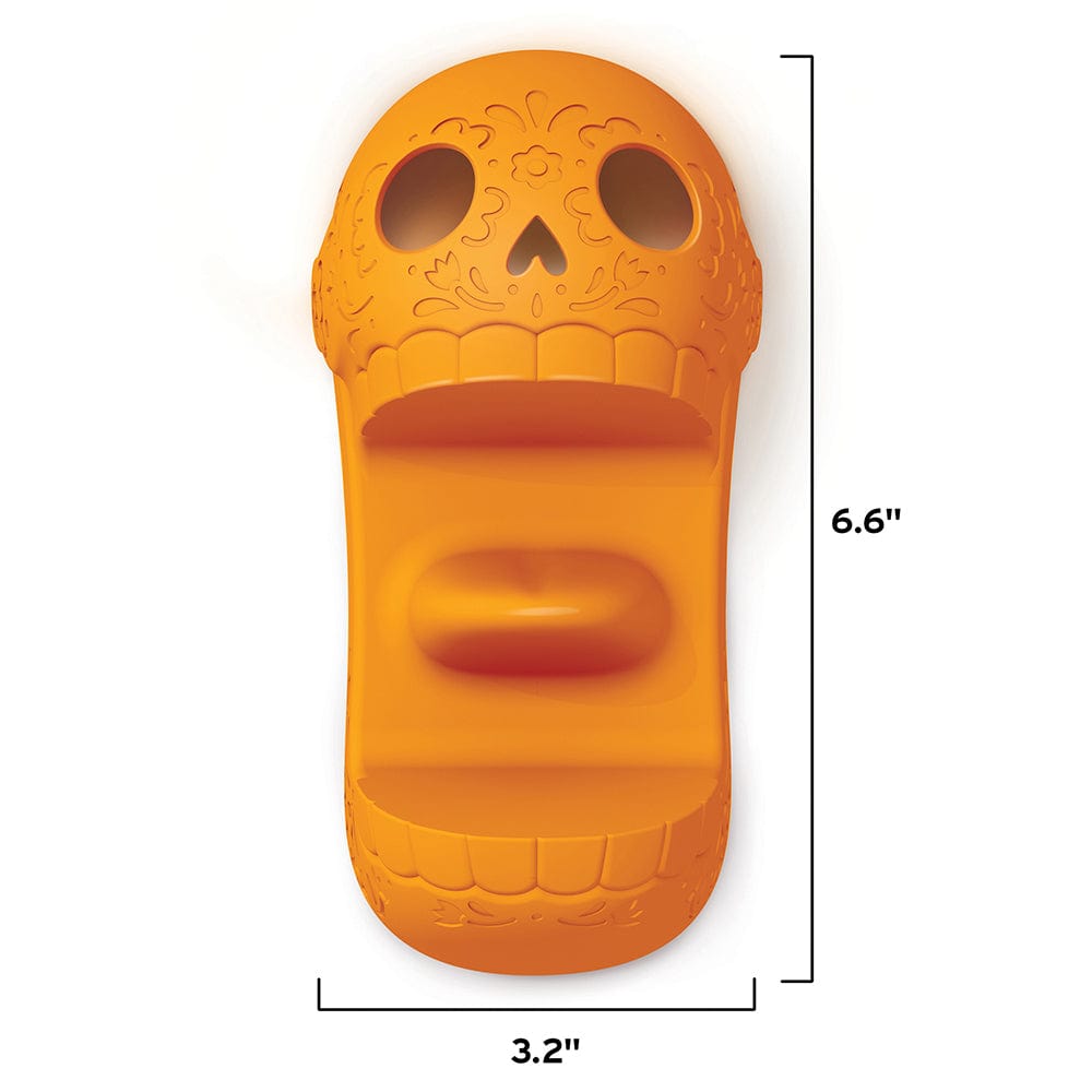 An orange Calavera-style skull taco tray showing the product dimensions: 3.2 x 6.6"