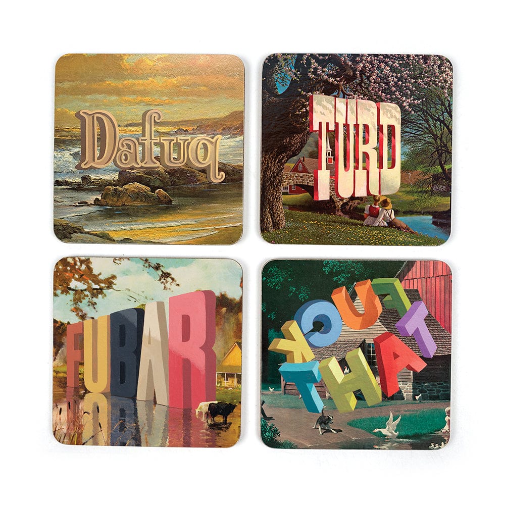 A set of 4 square coasters with art by Wayne White