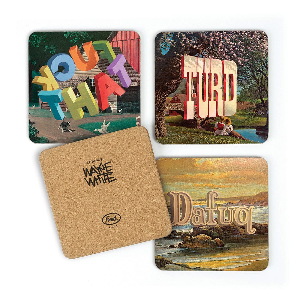 A set of 4 square coasters with art by Wayne White